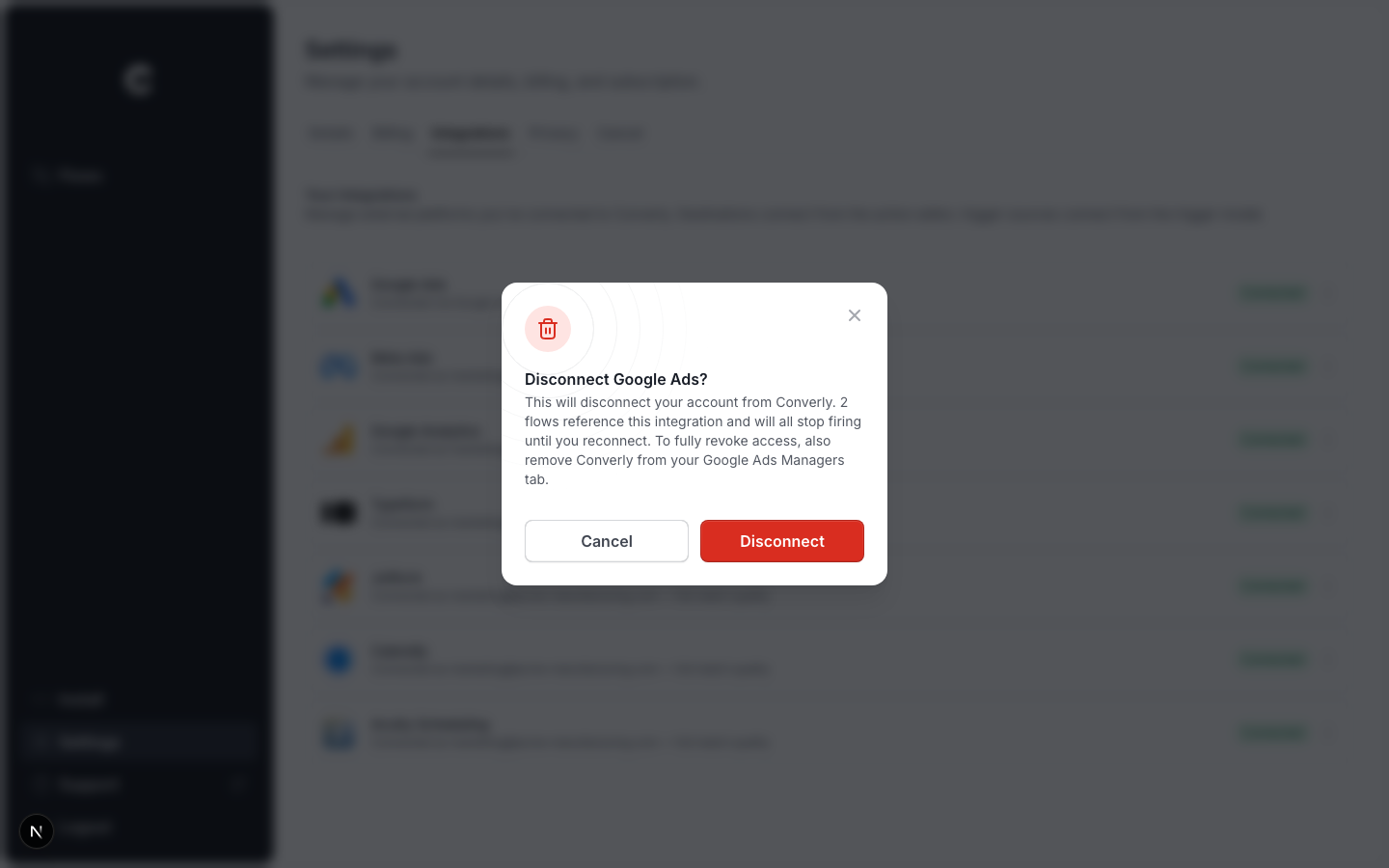 The disconnect confirmation window with the Google Ads manager caveat