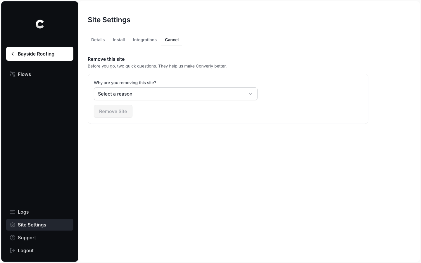 The Cancel tab in Site Settings, showing the Remove this site form