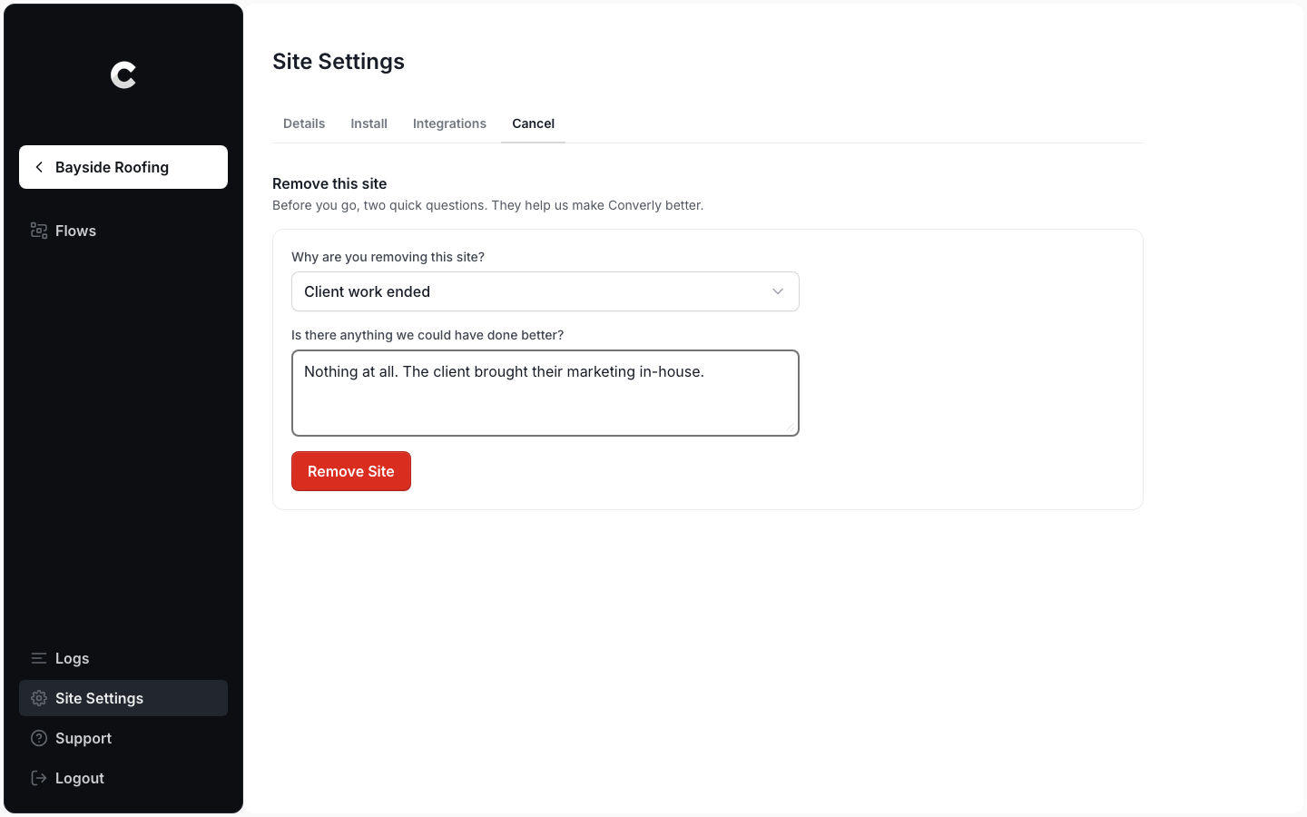 The Remove this site form with a reason selected and the follow-up question answered