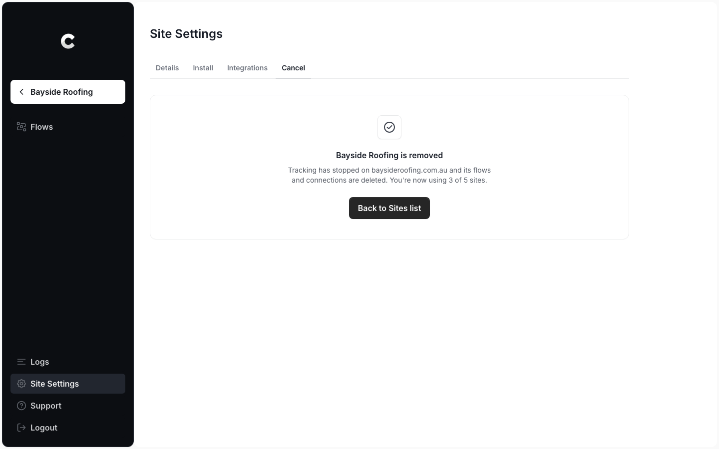 The confirmation that the site is removed, showing how many sites are now in use and a Back to Sites list button