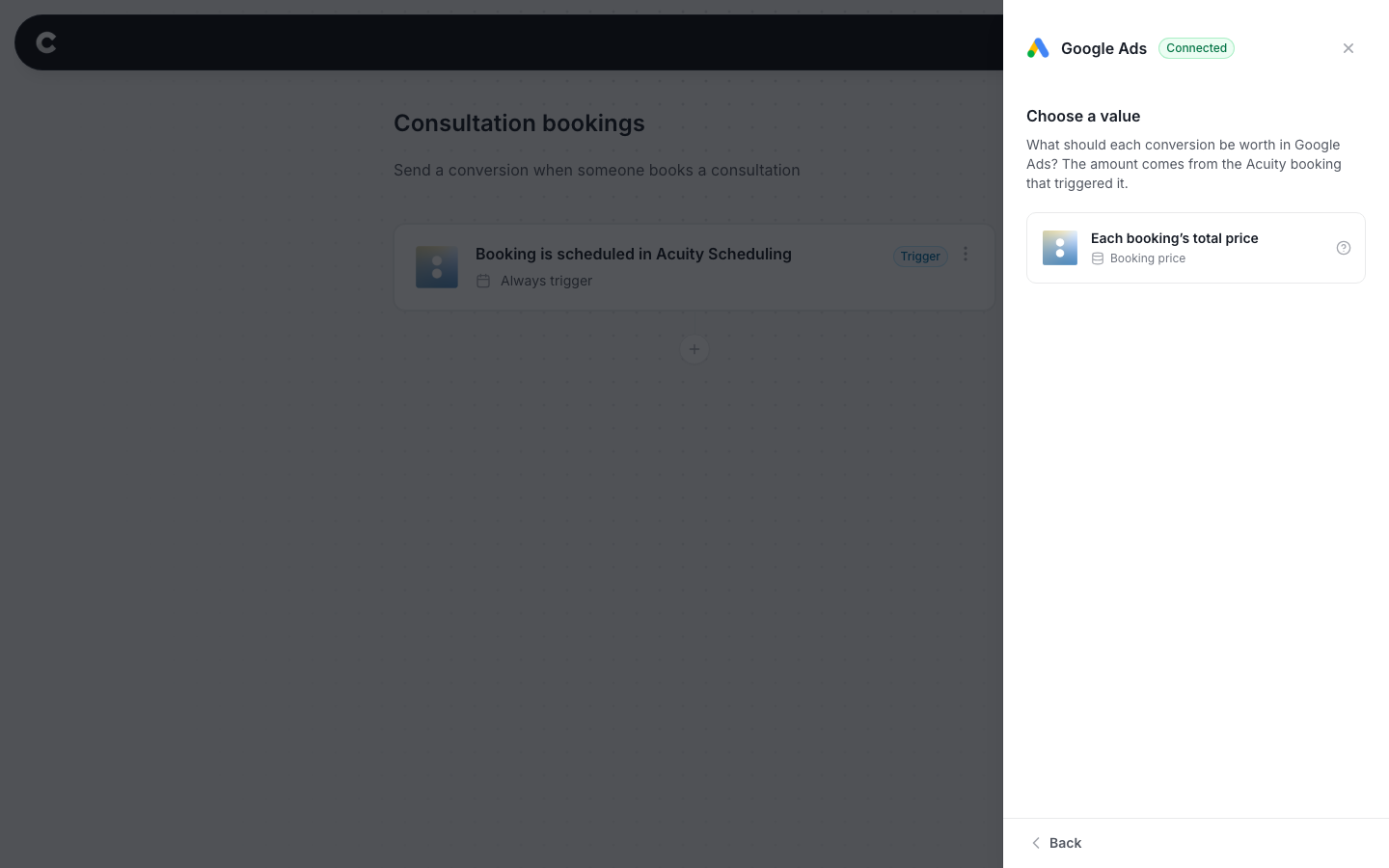 The Choose a value panel listing Each booking’s total price