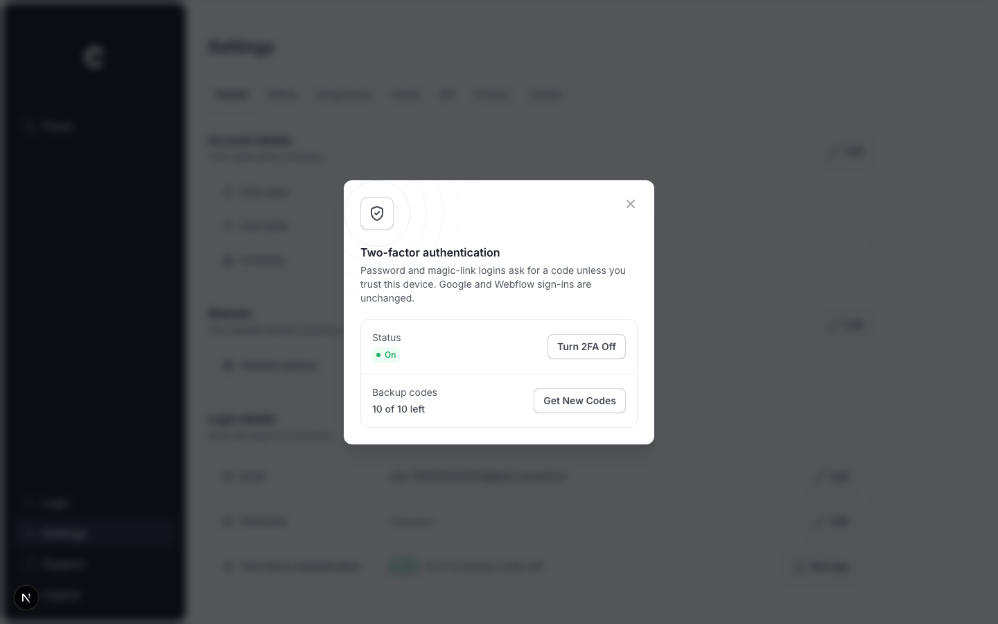 The Two-factor authentication window showing the status, backup codes left, and Turn 2FA Off and Get New Codes buttons