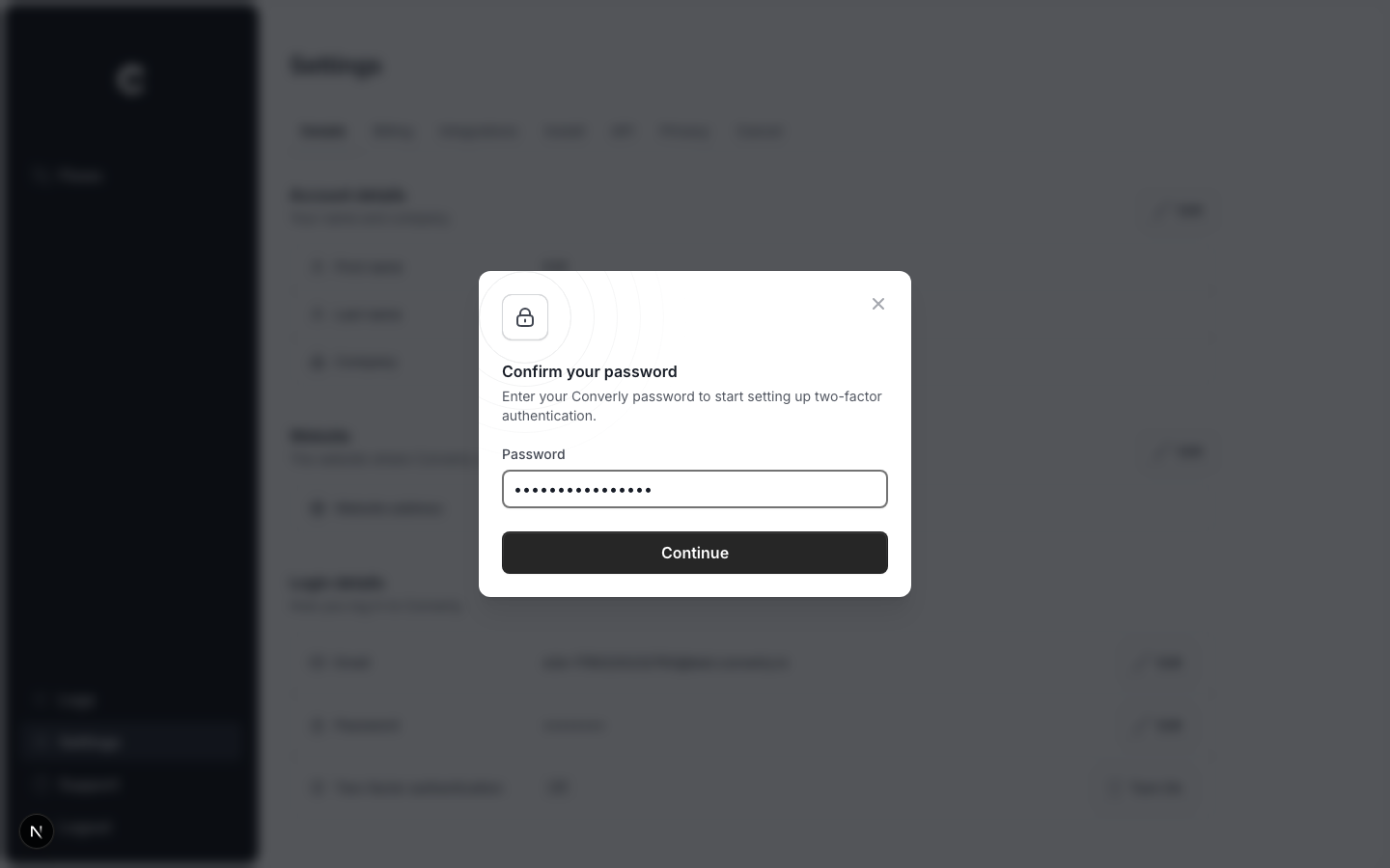 The Confirm your password window with a password field and a Continue button