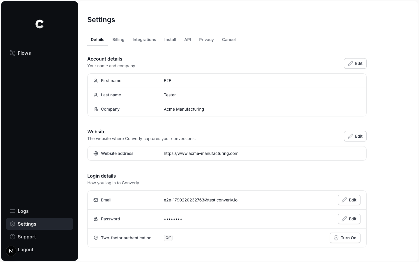 The Settings Details tab with the Two-factor authentication row showing Off and a Turn On button