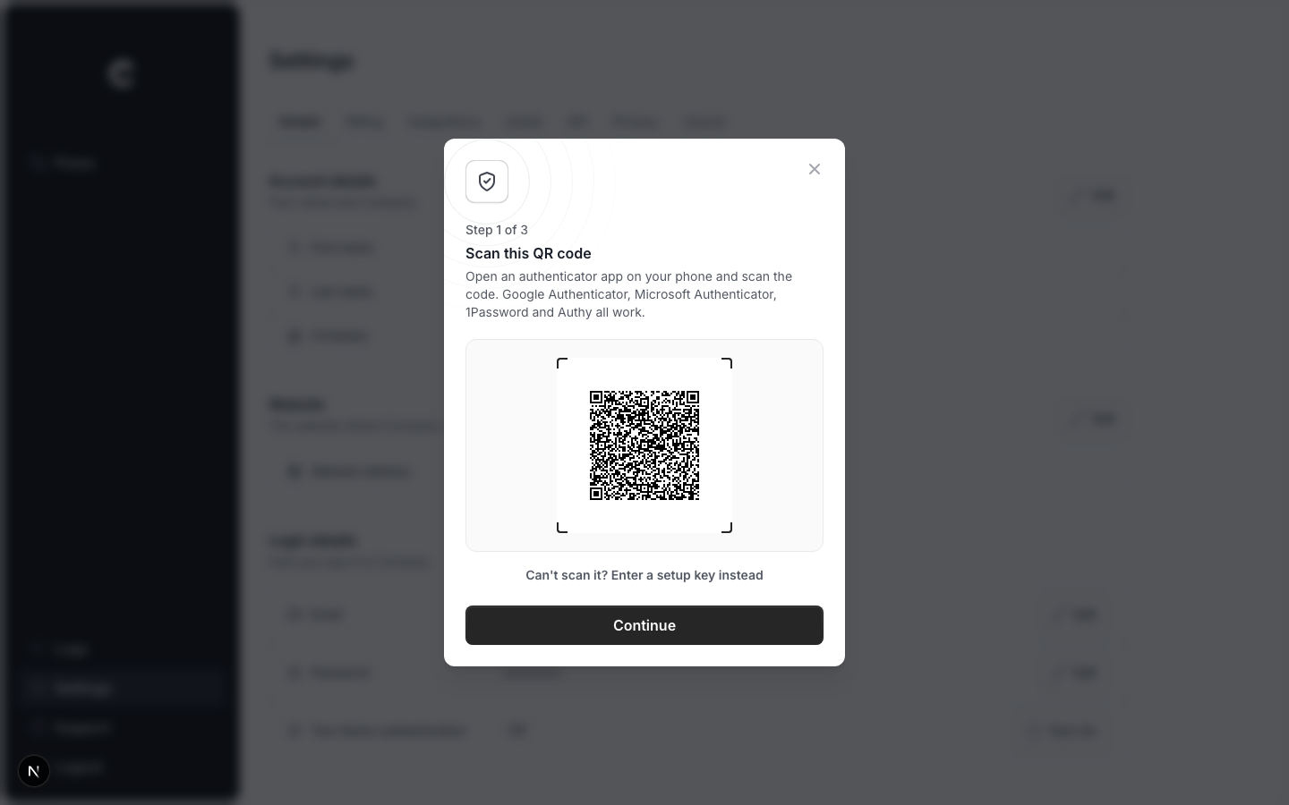 The Scan this QR code window showing a QR code and a link to enter a setup key instead