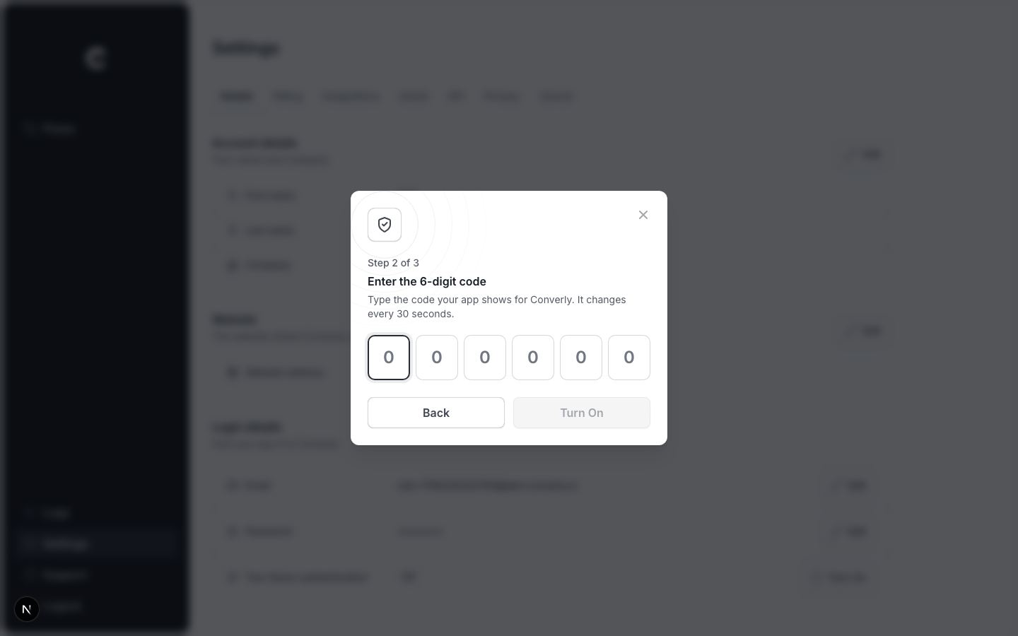 The Enter the 6-digit code window with six boxes for the code and a Turn On button