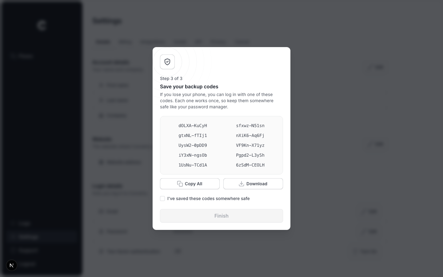 The Save your backup codes window listing 10 codes with Copy All and Download buttons