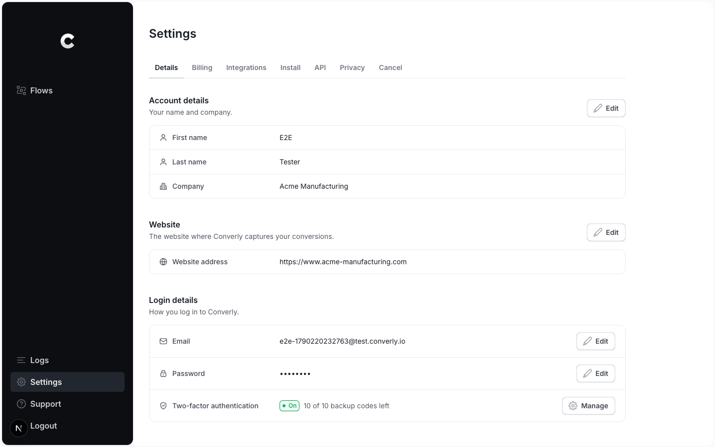 The Two-factor authentication row showing On, 10 of 10 backup codes left and a Manage button