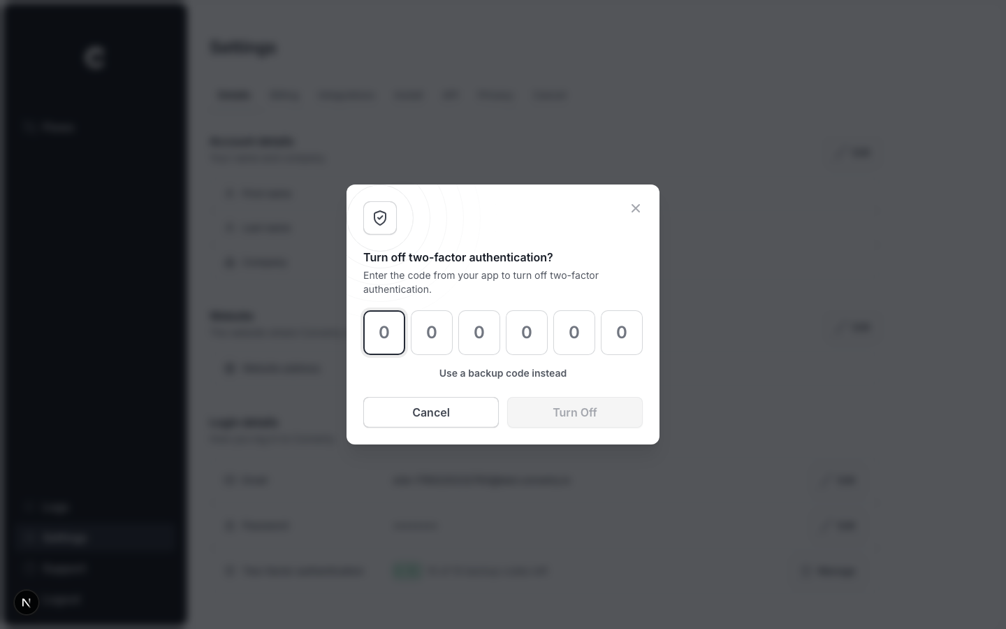 The Turn off two-factor authentication window asking for the code from your app