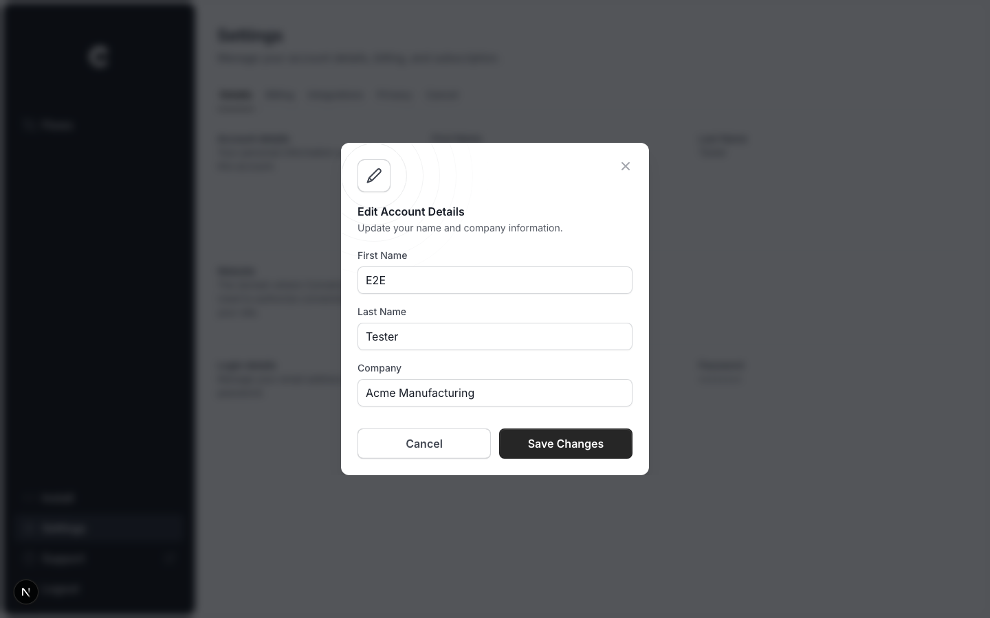 The Edit Account Details window with name and company fields
