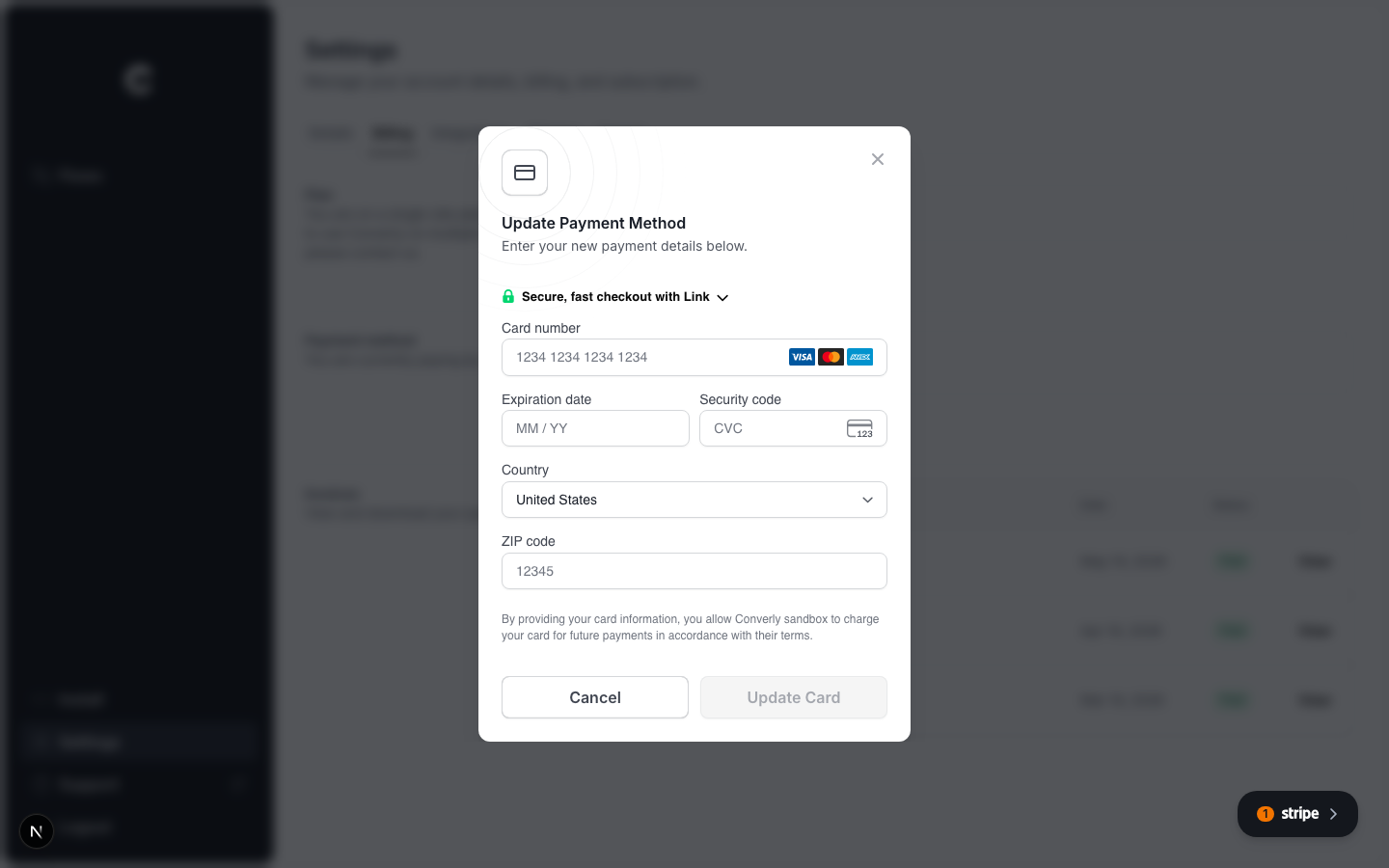 The Update Payment Method window