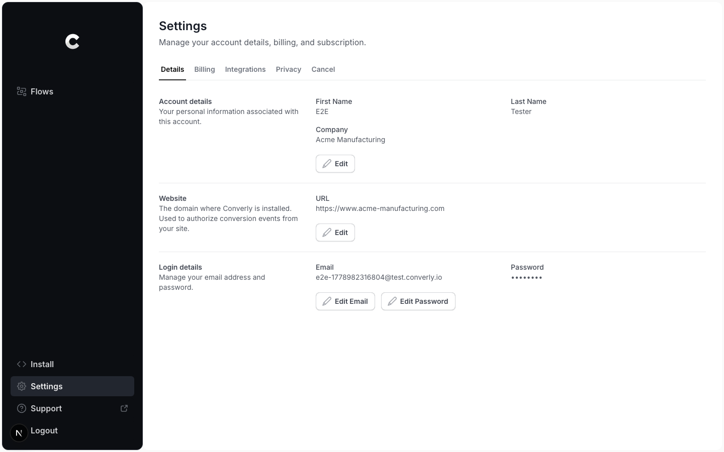 The Settings Details tab showing the Login details section