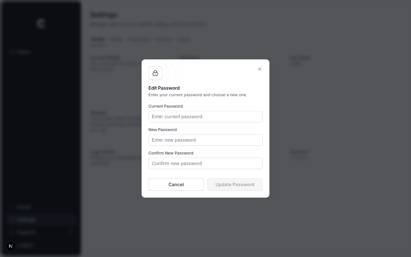 The Edit Password window with current, new, and confirm fields