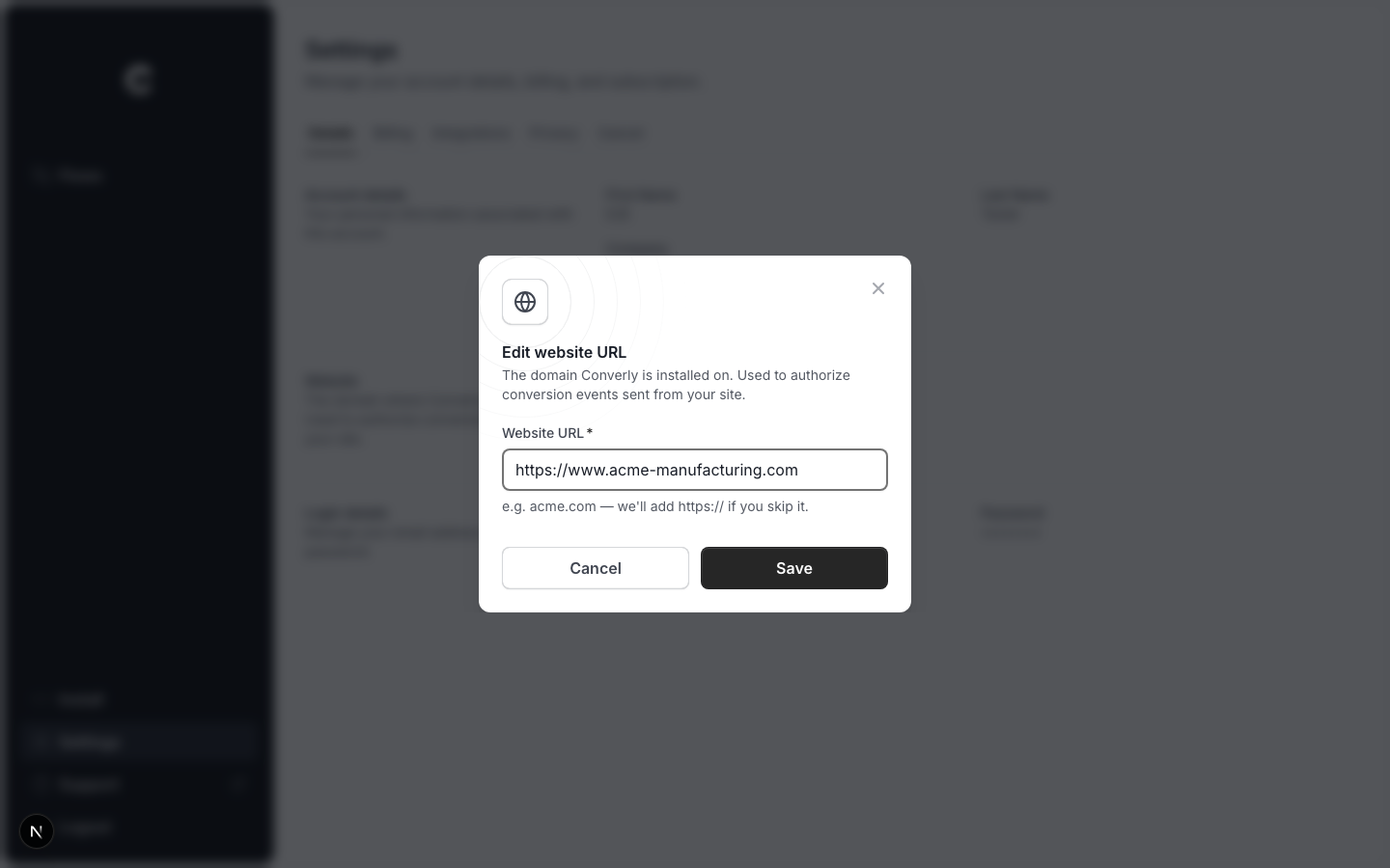 The Edit website URL window with the domain field